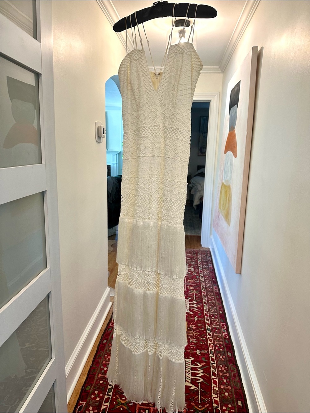 Tadashi Shoji White Crochet Fringe Maxi Dress